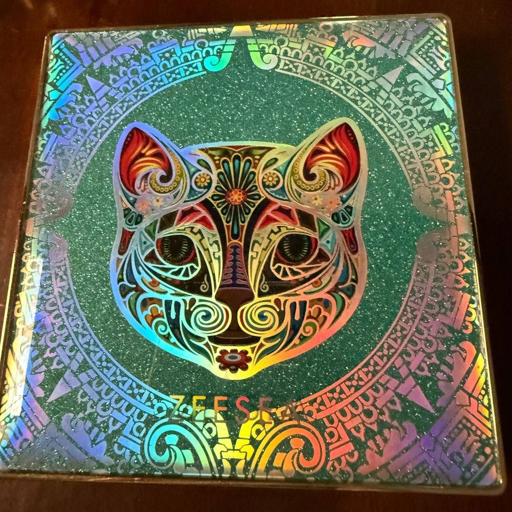 Teal Glitter Eyeshadow Palette with Colorful Cat Artwork